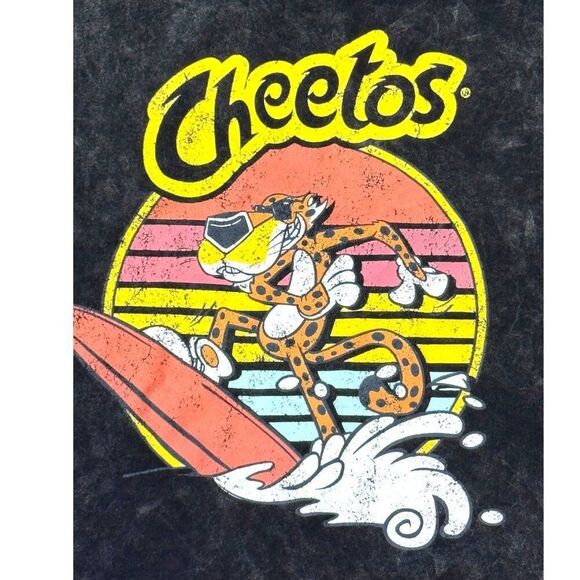 Cheetos Surfing Chester Cheetah Graphic Tee M 100% Cotton Black Acid Wash Tshirt - Picture 2 of 5